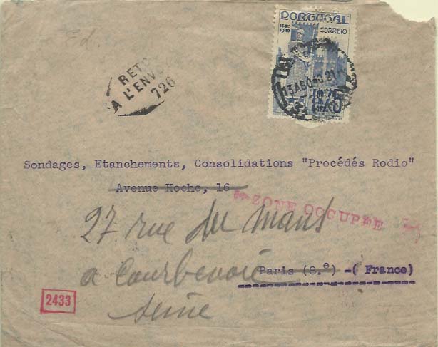 0810.jpg -     Lote:    810                   Descrição:         Perfurados. Sobrescrito circulado de Lisboa (13.08.40) para França, com selo de 1$75 CE598 com perfuração "BNU".        Carta       Valor Base:     € 8,00     Valor Venda:     Retirado     