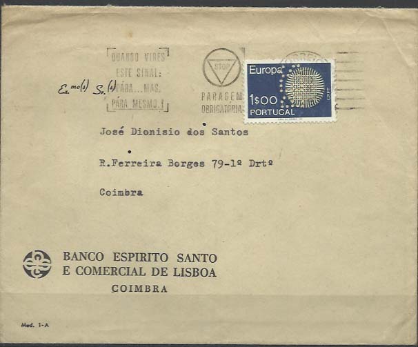 0811.jpg -     Lote:    811                   Descrição:         Perfurados. 1970 &mdash; Europa CEPT. CE1063, 1$00 em sobrescrito circulado de Lisboa (28.11.70) para Coimbra. Selo perfurado com BES.        Carta       Valor Base:     &euro; 6,00     Valor Venda:     &euro; 14,00     