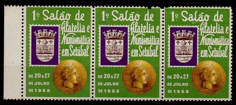 0836.jpg -     Lote:    836                   Descrição:         Vinhetas. 1.º Salão de Filatelia e Numismática de Setúbal (20 a 27 de Julho de 1958). Tira horizontal de 3 vinhetas.        *       Valor Base:     &euro; 6,00     Valor Venda:     &euro; 8,00     