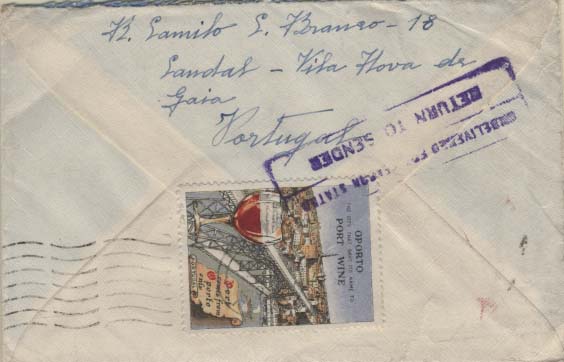 0837.jpg -     Lote:    837                   Descrição:         Vinhetas + Vinho do Porto. Sobrescrito circulado do Porto (06.01.53) para Londres (12.01.53) e devolvido ao remetente com selos CE621 e 757. No verso vinheta publicitária ao Vinho do Porto. MB.        Carta       Valor Base:     &euro; 15,00     Valor Venda:     &euro; 24,00     