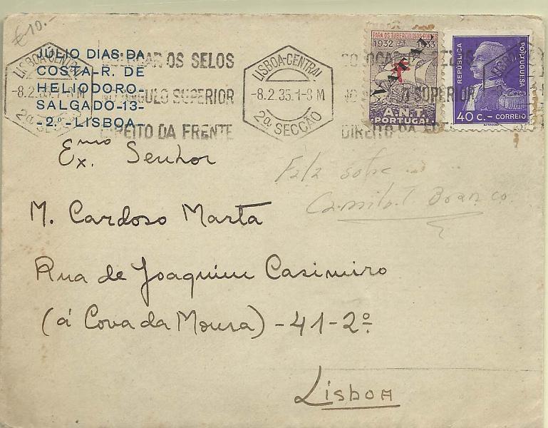 0840.jpg -     Lote:    840                   Descrição:         Vinhetas. Assistência Nacional aos Tuberculosos. Sobrescrito circulado em Lisboa (08.02.35), com selo de 40C General Carmona e vinheta da ANT de 1932 com sobrecarga NATAL.        Carta       Valor Base:     &euro; 5,00     Valor Venda:     Retirado     