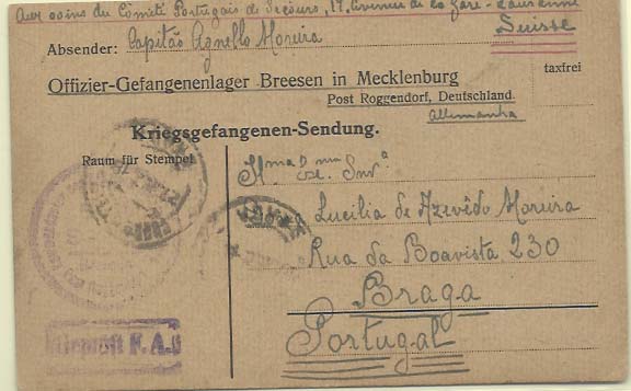 0934.jpg -     Lote:    934            Correio Militar e censuras       Descrição:         1.ª Guerra Mundial. Correio isento de prisioneiros de guerra portugueses. Inteiro alemão isento de franquia, distribuído a prisioneiro português, circulado da Alemanha (Campo de Breesen &mdash; 18.11.18) para Braga (27.11.18).        IP       Valor Base:     &euro; 15,00     Valor Venda:     Retirado     