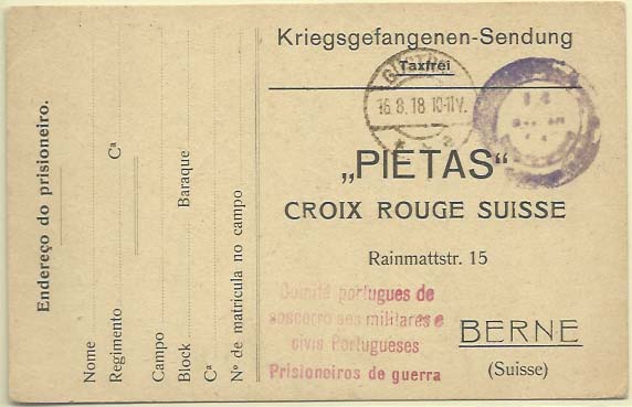 0935.jpg -     Lote:    935            Correio Militar e censuras       Descrição:         1.ª Guerra Mundial. Inteiros postais isentos de franquia editados por "PIETAS", circulado da Alemanha (16.08.18) para Berna, remetido por prisioneiro de guerra. Carimbo batido a vermelho " Comité português de / socorro aos militares e / civis portugueses / Prisioneiros de guerra". MB        IC       Valor Base:     &euro; 50,00     Valor Venda:     Retirado     