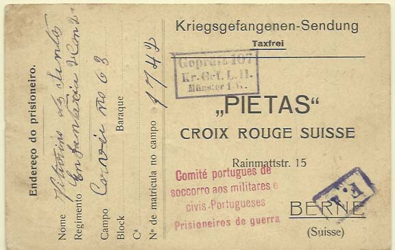 0936.jpg -     Lote:    936            Correio Militar e censuras       Descrição:         1.ª Guerra Mundial. Inteiros postais isentos de franquia editados por "PIETAS", circulado da Alemanha (21.06.18) para Berna, remetido por prisioneiro de guerra. Carimbo batido a vermelho " Comité português de / socorro aos militares e / civis portugueses / Prisioneiros de guerra". MB         IC       Valor Base:     &euro; 50,00     Valor Venda:     Retirado     