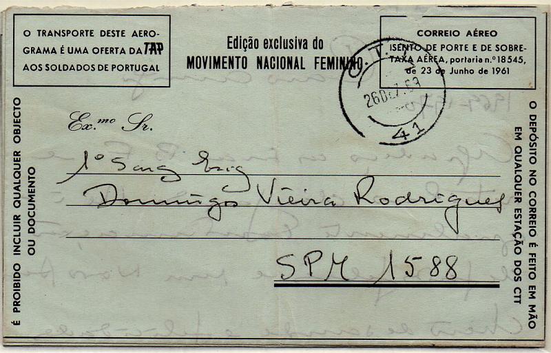 0948.jpg -     Lote:    948            Correio Militar e censuras       Descrição:         Guerra Colonial. Lote de 3 aerogramas, edição exclusiva do MNF, circulados. Obliterados com carimbo numérico volante "41", AUTO AMB / LISBOA-SANTARÉM-ENTRONCAMENTO e DEVOLVIDO AO REMETENTE. Lote a ver.        Lote        Valor Base:     &euro; 10,00     Valor Venda:     &euro; 16,00     