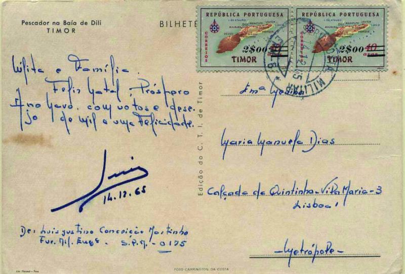 0951.jpg -     Lote:    951            Correio Militar e censuras       Descrição:         Guerra Colonial. 1960 &mdash; Carga Geográfica de Timor com sobretaxa. CE311, 2$00 s/ 40 avos. Par circulado em postal ilustrado remetido da RPM-5 (14.12.65) para Portugal.        PI       Valor Base:     &euro; 10,00     Valor Venda:     Retirado     