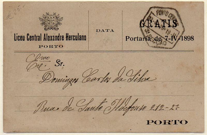 0952.jpg -     Lote:    952            Isentos de franquia       Descrição:         Isentos de franquia. Liceu Central Alexandre Herculano. Postal circulado no Porto (24.04.20), isento de franquia ao abrigo da Portaria de 7-IV-1898. B.        PI       Valor Base:     &euro; 5,00     Valor Venda:     &euro; 8,00     