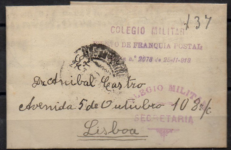 0953.jpg -     Lote:    953            Isentos de franquia       Descrição:         Isentos de franquia. Colégio Militar. Impresso circulado isento de franquia em Lisboa  (28.03.21). Isenção por carimbo batido a violeta "COLEGIO MILITAR / ISENTO DE FRANQUIA POSTAL / PORTARIA N.º 2078 DE 25-11-919". B e R.        Carta       Valor Base:     &euro; 10,00     Valor Venda:     Retirado     
