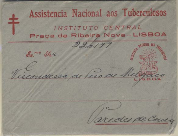 0955.jpg -     Lote:    955            Isentos de franquia       Descrição:         Isentos de franquia &mdash; Sobrescrito impresso da Assistência Nacional aos Tuberculosos circulado isento de franquia de Lisboa para Paredes de Coura.        Carta       Valor Base:     &euro; 10,00     Valor Venda:     &euro; 10,00     
