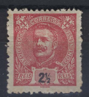 0964.jpg -     Lote:    964            Portugal        Descrição:         1895/96 &mdash; D. Carlos I Mouchon. CE126, 2 &frac12; reis. Prova denteada em carmim (cor não aprovada para este valor)        PRV       Valor Base:     &euro; 15,00     Valor Venda:     &euro; 22,00     