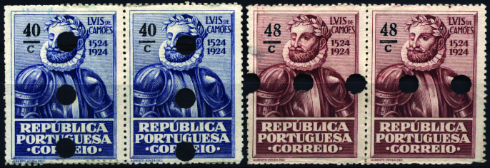 0993.jpg -     Lote:    993            Portugal        Descrição:         1924 &mdash; 4º Centenário do Nascimento de Luís de Camões.CE312/313, 40c ultramar e 48c castanho vermelho. Lote de dois pares horizontais de provas denteadas, nos valores e cores aprovadas, com furos de segurança da casa impressora.        PRV       Valor Base:     &euro; 15,00     Valor Venda:     &euro; 15,00     