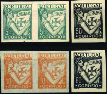1004.jpg -     Lote:    1004            Portugal        Descrição:         1931 &mdash; Lusíadas. Lote composto por dois pares e duas provas simples de provas não denteados a saber: par de 5c em verde + par de 10c em amarelo + prova de 50c em preto e prova de $80 em preto.        PRV       Valor Base:     &euro; 15,00     Valor Venda:     &euro; 20,00     
