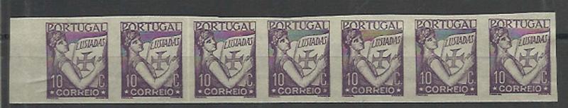 1005.jpg -     Lote:    1005            Portugal        Descrição:         1931 &mdash; Lusíadas. CE516, 10C. Tira horizontal de 7 provas não denteadas na cor violeta (aprovada) em papel fino (OM1699).        PRV       Valor Base:     &euro; 25,00     Valor Venda:     Retirado     