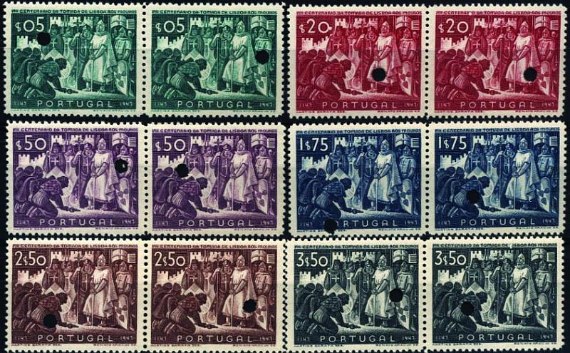 1012.jpg -     Lote:    1012            Portugal        Descrição:         1947 &mdash; 8.º Centenário da Tomada de Lisboa aos Mouros. CE685/690. Série completa em pares de provas denteadas, nas cores aprovadas, com furos de segurança da casa impressora. B e R.        PRV       Valor Base:     &euro; 40,00     Valor Venda:     Retirado     