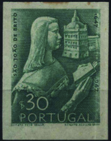 1013.jpg -     Lote:    1013            Portugal        Descrição:         1948 &mdash; 3.º Centenário do Nascimento de S. João de Brito. CE691, $30 verde. Prova de cor não denteada.        PRV       Valor Base:     &euro; 10,00     Valor Venda:     Retirado     