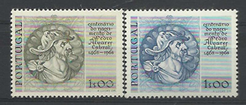 1014.jpg -     Lote:    1014            Portugal        Descrição:         1969 &mdash; 5.º Centenário do Nascimento de Pedro Alvares Cabral. CE1038, 1$00. Prova em cor verde-oliva. Acompanha selo normal na cor azul para comparação.        PRV       Valor Base:     &euro; 25,00     Valor Venda:     Retirado     