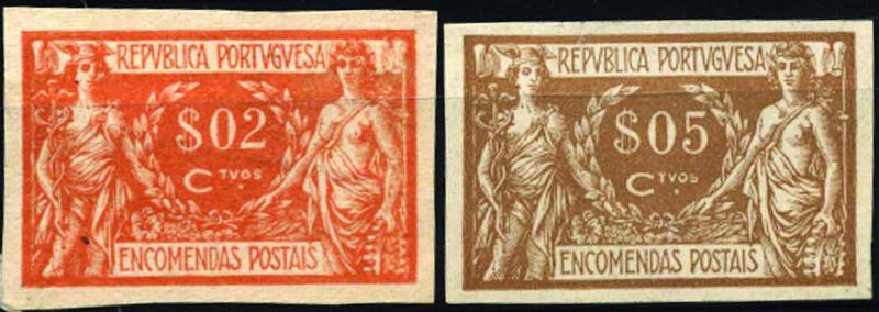 1019.jpg -     Lote:    1019            Portugal        Descrição:         1920/22 &mdash; Encomendas Postais. Comércio e Indústria. CE EP2/3. Lote de duas provas não denteadas em papel liso médio, nos valores de $02 laranja e $05 bistre claro. Cores aprovadas.        PRV       Valor Base:     &euro; 5,00     Valor Venda:     Retirado     