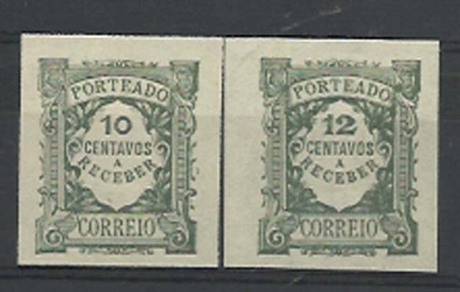 1021.jpg -     Lote:    1021            Portugal        Descrição:         1922/27 &mdash; Porteado. Emissão regular (tipo 1904). Unicolor. Lote de duas provas com margens largas, não denteadas em verde, das taxas de 10 e 12C, CE POR31/32.        PRV       Valor Base:     &euro; 10,00     Valor Venda:     Retirado     