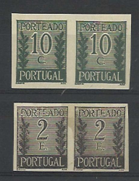 1022.jpg -     Lote:    1022            Portugal        Descrição:         1940 &mdash; Porteado. Tipo "Algarismo ladeado de ramos". CE POR55 e 63, 10C e 2E. Lote composto por dois pares de provas, não denteados, nas cores verde escuro e preto (cores não aprovadas para estas taxas).        PRV       Valor Base:     &euro; 15,00     Valor Venda:     Retirado     