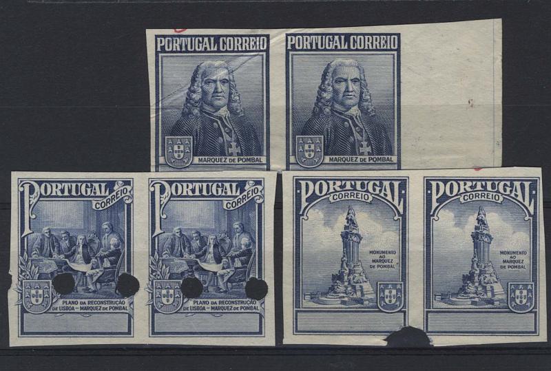 1025.jpg -     Lote:    1025            Portugal        Descrição:         1925 &mdash; Imposto Postal. Monumento ao Marquês de Pombal. CE IP18/20 Série completa em pares de provas não denteadas, com furos de segurança da casa impressora, na cor azul, sem impressão da taxa e legenda. Cor aprovada para Portugal Continental.        PRV       Valor Base:     &euro; 25,00     Valor Venda:     &euro; 25,00     