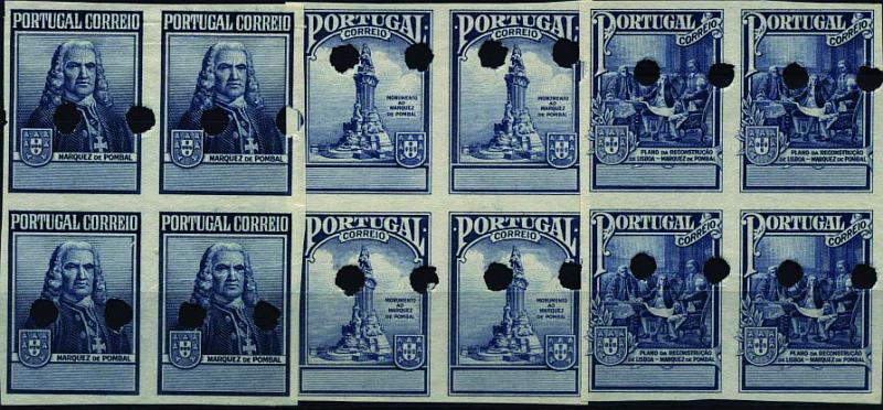 1026.jpg -     Lote:    1026            Portugal        Descrição:         1925 &mdash; Imposto Postal. Monumento ao Marquês de Pombal. CE IP18/20. Série completa em quadras de provas não denteadas em azul (cor aprovada para o Continente), sem impressão da legenda e valor e com furos de segurança  da casa impressora. B e R.        PRV       Valor Base:     &euro; 30,00     Valor Venda:     &euro; 30,00     