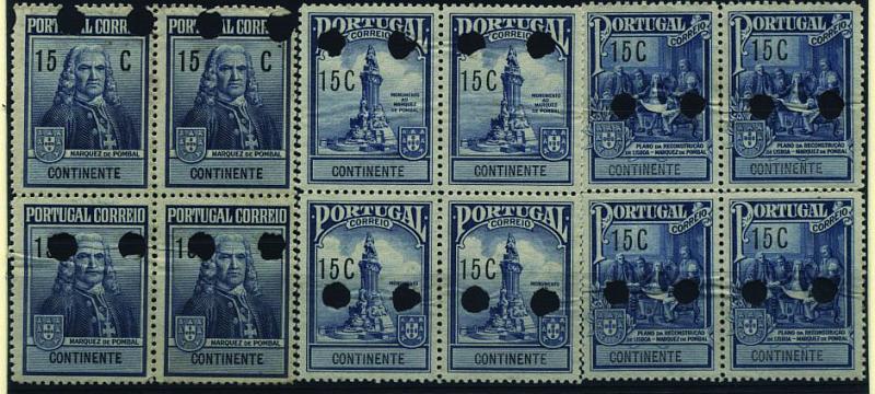 1027.jpg -     Lote:    1027            Portugal        Descrição:         1925 &mdash; Imposto Postal. Monumento ao Marquês de Pombal. CE IP18/20. Série completa em quadras de provas denteadas em azul (cor aprovada, com impressão da legenda e valor e com furos de segurança da casa impressora.        PRV       Valor Base:     &euro; 25,00     Valor Venda:     Retirado     