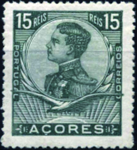 1029.jpg -     Lote:    1029            Açores       Descrição:         1910 &mdash; D. Manuel II. CE110, 15 reis, denteado 15x14. Prova de cor em verde, não aprovada neste valor mas sim no selo de 10 reis. MB e R.        PRV       Valor Base:     &euro; 10,00     Valor Venda:     Retirado     