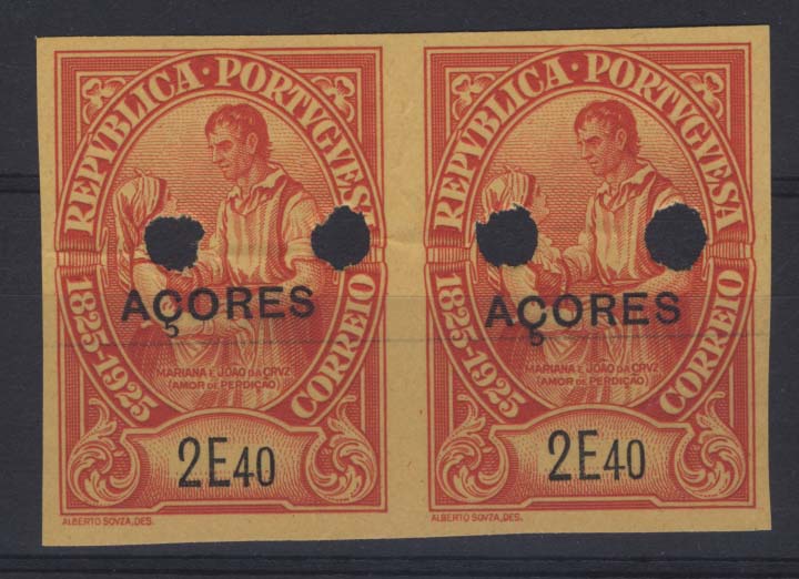 1038.jpg -     Lote:    1038            Açores       Descrição:         1925 &mdash; Centenário do Nascimento de Camilo Castelo Branco, com sobrecarga Açores. CE238, 2E40 vermelho s/ amarelo. Par horizontal de provas não denteadas, com furos de segurança da casa impressora.        PRV       Valor Base:     &euro; 10,00     Valor Venda:     Retirado     