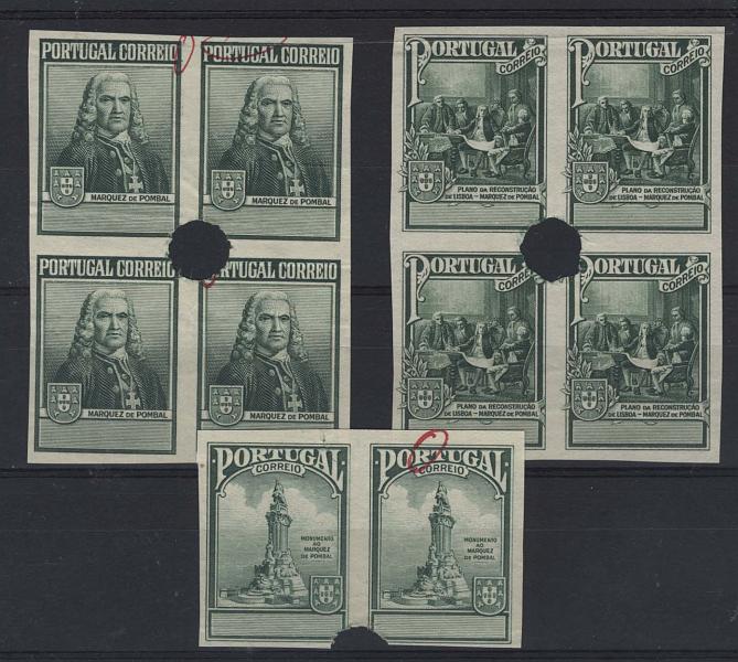 1040.jpg -     Lote:    1040            Açores       Descrição:         1925 &mdash; Imposto Postal. Monumento ao Marquês de Pombal. CE IP14/16. Série completa com duas quadras e um par de provas não denteadas, com furos de segurança da casa impressora, na cor azul, sem impressão da taxa e legenda. Cor aprovada para os Açores.        PRV       Valor Base:     &euro; 35,00     Valor Venda:     Retirado     