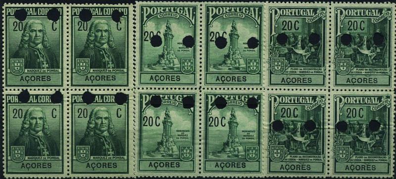 1041.jpg -     Lote:    1041            Açores       Descrição:         1925 &mdash; Imposto Postal. Monumento ao Marquês de Pombal. CE IP14/16. Série completa em quadras de provas denteadas em verde (cor aprovada), com impressão da legenda e valor e com furos de segurança da casa impressora.        PRV       Valor Base:     &euro; 25,00     Valor Venda:     Retirado     
