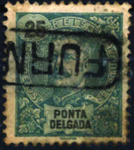1042.jpg -     Lote:    1042            Açores       Descrição:         Carimbos nominativos. 1897 &mdash; D. Carlos I Mouchon. CE18, 25 reis verde. Selo obliterado com carimbo batido a preto "FURNAS".        O       Valor Base:     &euro; 3,00     Valor Venda:     Retirado     