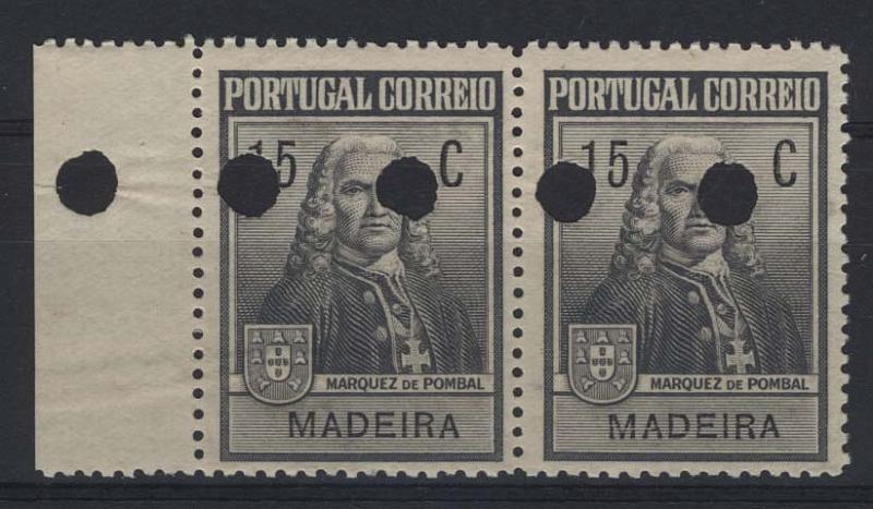 1043.jpg -     Lote:    1043            Madeira       Descrição:         1925 &mdash; Imposto Postal. Monumento ao Marquês de Pombal. CE IP1 15C cinzento. Par horizontal, bordo de folha, de provas denteadas, com furos de segurança da casa impressora.        PRV       Valor Base:     &euro; 5,00     Valor Venda:     Retirado     