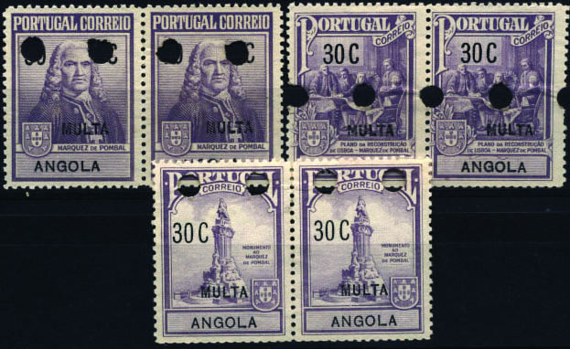 1045.jpg -     Lote:    1045            Angola       Descrição:         1925 &mdash; Imposto Postal * Porteado. Monumento ao Marquês de Pombal. CE IP1/13. Série completa em pares de provas denteadas em lilás (cor aprovada), com impressão da legenda e valor e com furos de segurança da casa impressora.        PRV       Valor Base:     &euro; 12,00     Valor Venda:     &euro; 20,00     