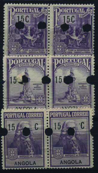 1046.jpg -     Lote:    1046            Angola       Descrição:         1925 &mdash; Imposto Postal * Monumento ao Marquês de Pombal. CE IP 1/3. Série completa em pares horizontais com furos de segurança do arquivo da casa impressora "Waterlow & Sons Ltd".        PRV       Valor Base:     &euro; 15,00     Valor Venda:     &euro; 22,00     