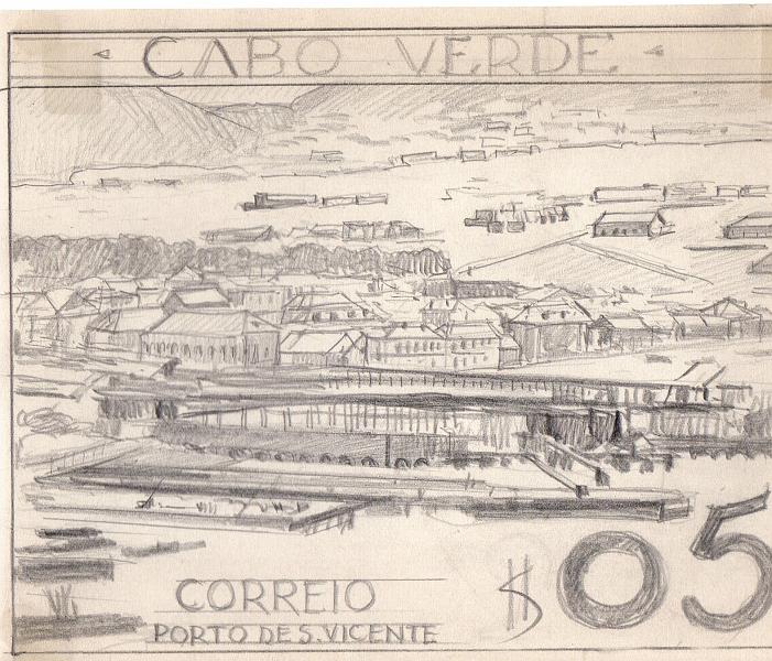 1048.jpg -     Lote:    1048            Cabo Verde       Descrição:         1948 &mdash; Vistas de Cabo Verde. Desenho a lápis não aprovado para o selo de $05 com vista do Porto de S. Vicente. Não assinado mas atribuível a Alberto de Sousa. MB.        PRV       Valor Base:     &euro; 250,00     Valor Venda:     Retirado     