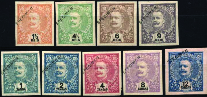 1050.jpg -     Lote:    1050            Índia       Descrição:         1898/1900 &mdash; D. Carlos I Mouchon. CE155/163. Lote de 9 provas de cor não denteadas, com a sobrecarga "SPECIMEN" a preto. MB e MR.        PRV       Valor Base:     &euro; 120,00     Valor Venda:     &euro; 150,00     