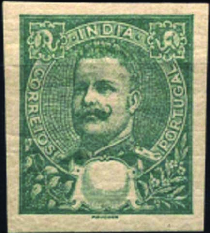 1051.jpg -     Lote:    1051            Índia       Descrição:         1898/1900 &mdash; D. Carlos I Mouchon. Prova em verde escuro sem impressão da taxa, não denteada, com goma original, sem sinal de charneira. Cor aprovada para a taxa de 6 reis.        PRV       Valor Base:     &euro; 10,00     Valor Venda:     Retirado     