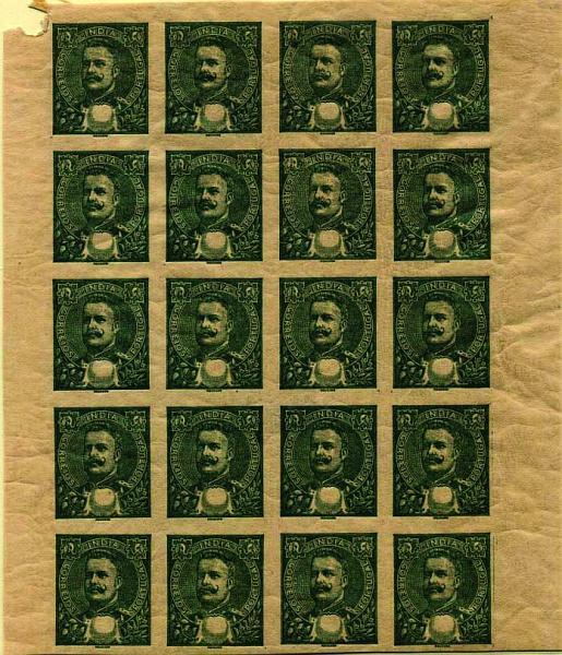 1052.jpg -     Lote:    1052            Índia       Descrição:         1903 &mdash; D. Carlos I, tipo Mouchon. Bloco de 20 provas em verde escuro, não denteadas, com goma original, sem impressão do valor. MB e MR.        PRV       Valor Base:     &euro; 75,00     Valor Venda:     &euro; 130,00     