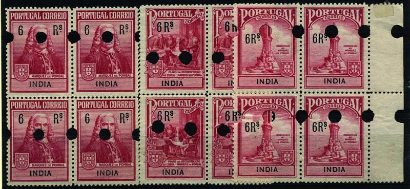 1053.jpg -     Lote:    1053            Índia       Descrição:         1925 &mdash; Imposto Postal. Monumento ao Marquês de Pombal. CE IP3/5. Série completa em quadras de provas denteadas em carmim (cor aprovada), com impressão da legenda e valor e com furos de segurança da casa impressora.        PRV       Valor Base:     &euro; 40,00     Valor Venda:     Retirado     