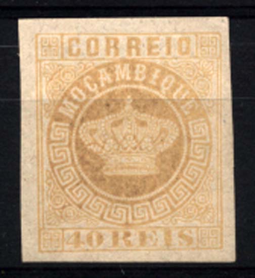 1056.jpg -     Lote:    1056            Moçambique       Descrição:         1881 &mdash; Tipo Coroa. Novas cores. CE13, 40 reis ocre. Prova não denteada.        PRV       Valor Base:     &euro; 5,00     Valor Venda:     Retirado     