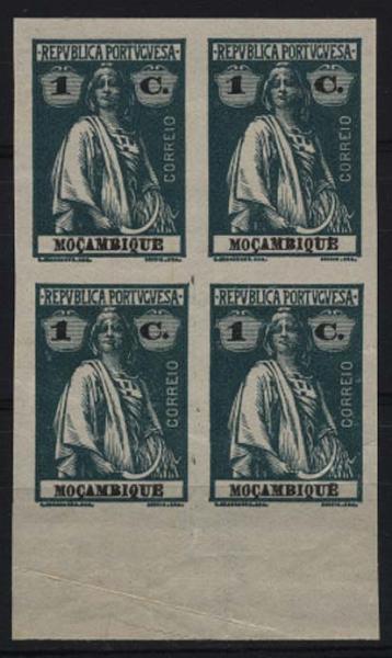 1057.jpg -     Lote:    1057            Moçambique       Descrição:         1914 &mdash; Ceres. CE155, 1C verde. Quadra fundo de folha, não denteada, sem sinal de charneira, com impressão da taxa e legenda.        PRV       Valor Base:     &euro; 12,00     Valor Venda:     Retirado     