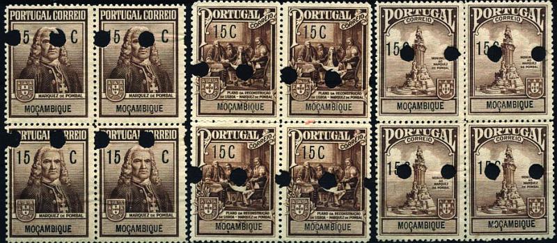 1061.jpg -     Lote:    1061            Moçambique       Descrição:         1925 &mdash; Imposto Postal. Monumento ao Marquês de Pombal. CE IP5/7. Série completa em quadras de provas denteadas em castanho (cor aprovada), com impressão da legenda e valor e com furos de segurança da casa impressora.        PRV       Valor Base:     &euro; 25,00     Valor Venda:     Retirado     