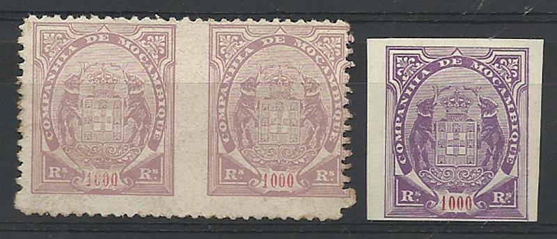 1063.jpg -     Lote:    1063            Companhia de Moçambique       Descrição:         1895 &mdash; Tipo Elefantes. CE25, 1000 reis violeta claro. Lote composto por par não denteado na vertical entre os dois selos e selo não denteado.        *       Valor Base:     &euro; 15,00     Valor Venda:     &euro; 75,00     