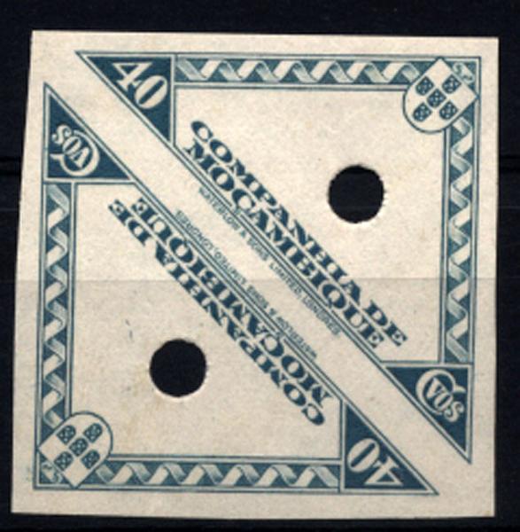 1064.jpg -     Lote:    1064            Companhia de Moçambique       Descrição:         1937 &mdash; Motivos locais. CE178, 40C. Par de provas da moldura em verde-azul (cor aprovada) com furos de segurança da casa impressora.        PRV       Valor Base:     &euro; 10,00     Valor Venda:     Retirado     