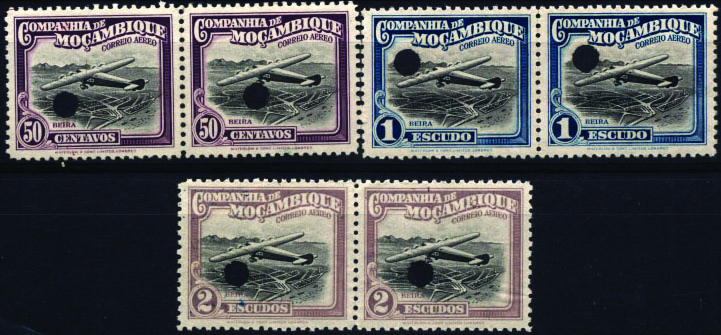 1066.jpg -     Lote:    1066            Companhia de Moçambique       Descrição:         1935 &mdash; Inauguração do Correio Aéreo em tipo rectangular. CE CA18, 21 e 22. Lote composto por 3 pares horizontais (50c, 1E e 2E) de provas finais nas cores aprovadas, com furos de segurança da casa impressora.        PRV       Valor Base:     &euro; 20,00     Valor Venda:     Retirado     