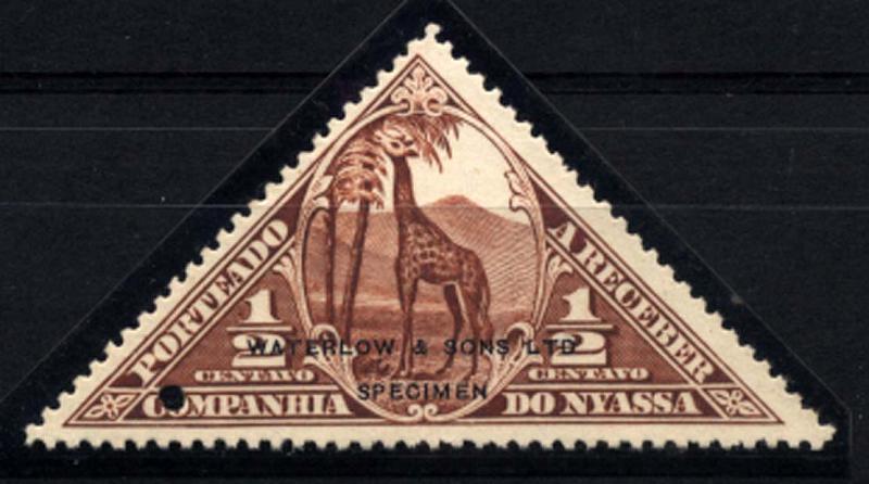 1067.jpg -     Lote:    1067            Companhia do Niassa       Descrição:         1924 &mdash; Porteado. Motivos diversos. CE1, &frac12; C. Prova de cor denteada em castanho vermelho (não aprovada para esta taxa) com sobrecarga a preto "WATERLOW & SONS LTS / SPECIMEN".        PRV       Valor Base:     &euro; 10,00     Valor Venda:     &euro; 18,00     