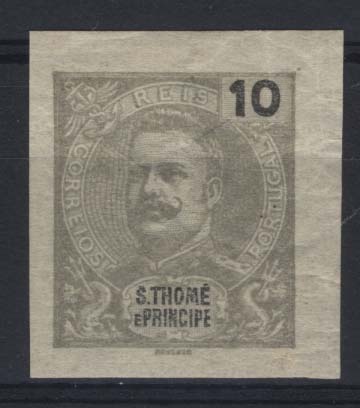 1068.jpg -     Lote:    1068            S. Tomé e Príncipe       Descrição:         1898/1901 &mdash; D. Carlos I Mouchon. CE45, 10 reis. Prova não denteada em cinzento. Cor não aprovada para este valor.        PRV       Valor Base:     &euro; 20,00     Valor Venda:     &euro; 20,00     