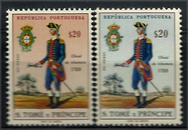1069.jpg -     Lote:    1069            S. Tomé e Príncipe       Descrição:         1965 &mdash; Uniformes do Exército. CE380, $20. Prova de cor com fundo em salmão Acompanha selo normal para comparação.        ***       Valor Base:     &euro; 20,00     Valor Venda:     &euro; 20,00     