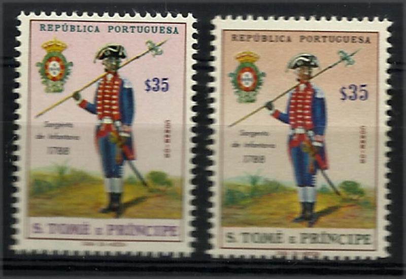 1070.jpg -     Lote:    1070            S. Tomé e Príncipe       Descrição:         1965 &mdash; Uniformes do Exército. CE381, $35. Prova de cor com fundo em rosa. Acompanha selo normal para comparação.        ***       Valor Base:     &euro; 20,00     Valor Venda:     Retirado     