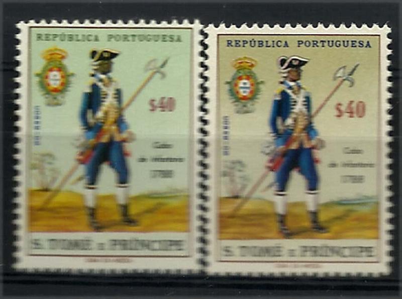 1071.jpg -     Lote:    1071            S. Tomé e Príncipe       Descrição:         1965 &mdash; Uniformes do Exército. CE382, $40. Prova de cor com fundo em verde Acompanha selo normal para comparação.        ***       Valor Base:     &euro; 20,00     Valor Venda:     Retirado     